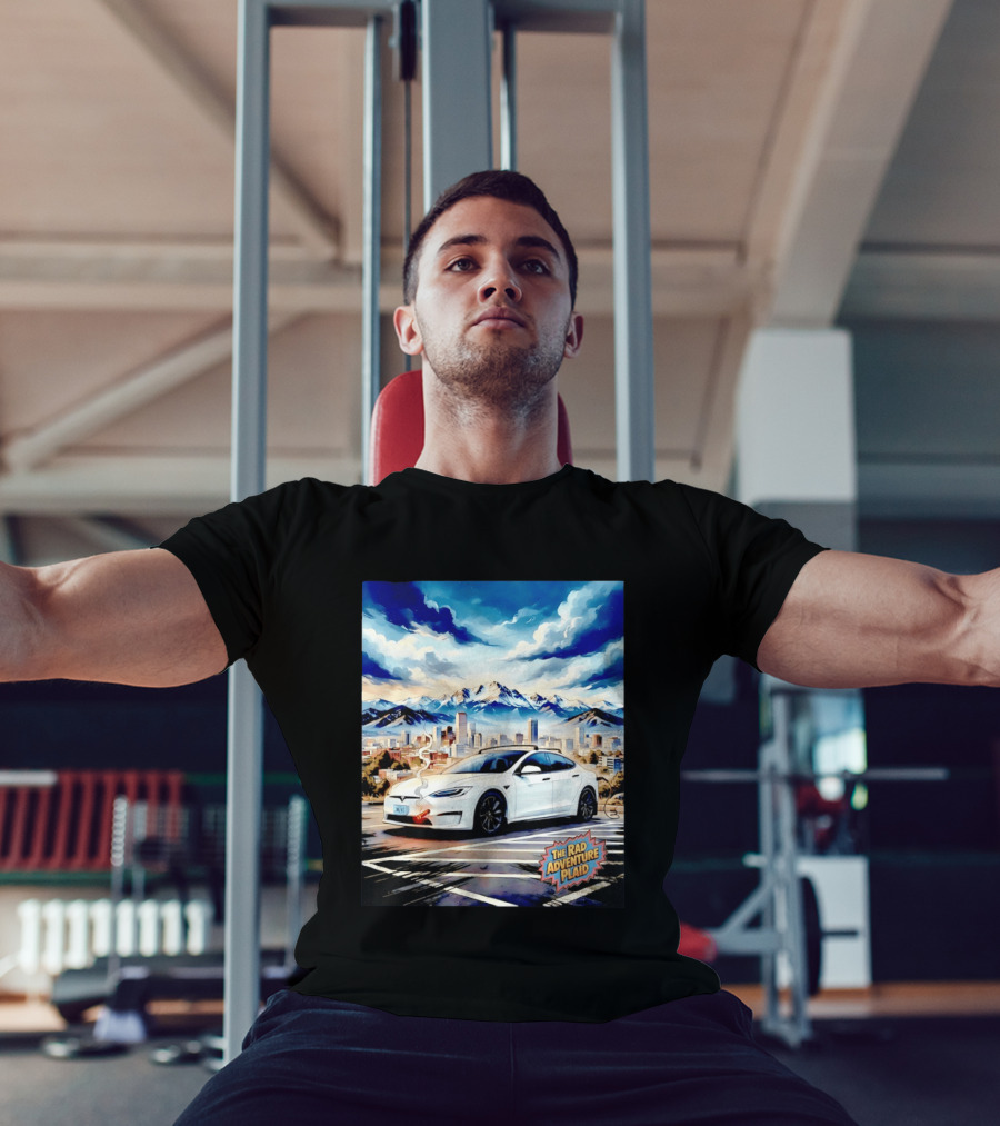 The Rad Adventure Plaid Electric Car Scenic Mountain Cityscape T-Shirt