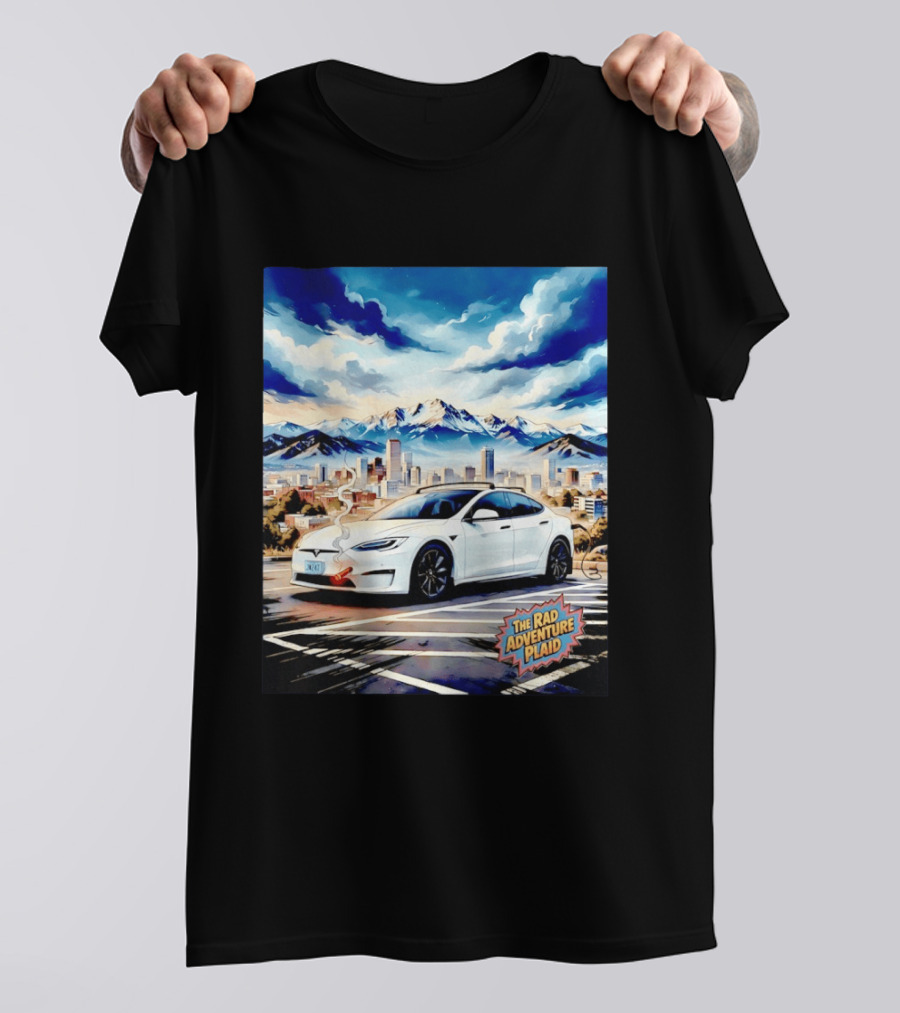 The Rad Adventure Plaid Electric Car Scenic Mountain Cityscape T-Shirt