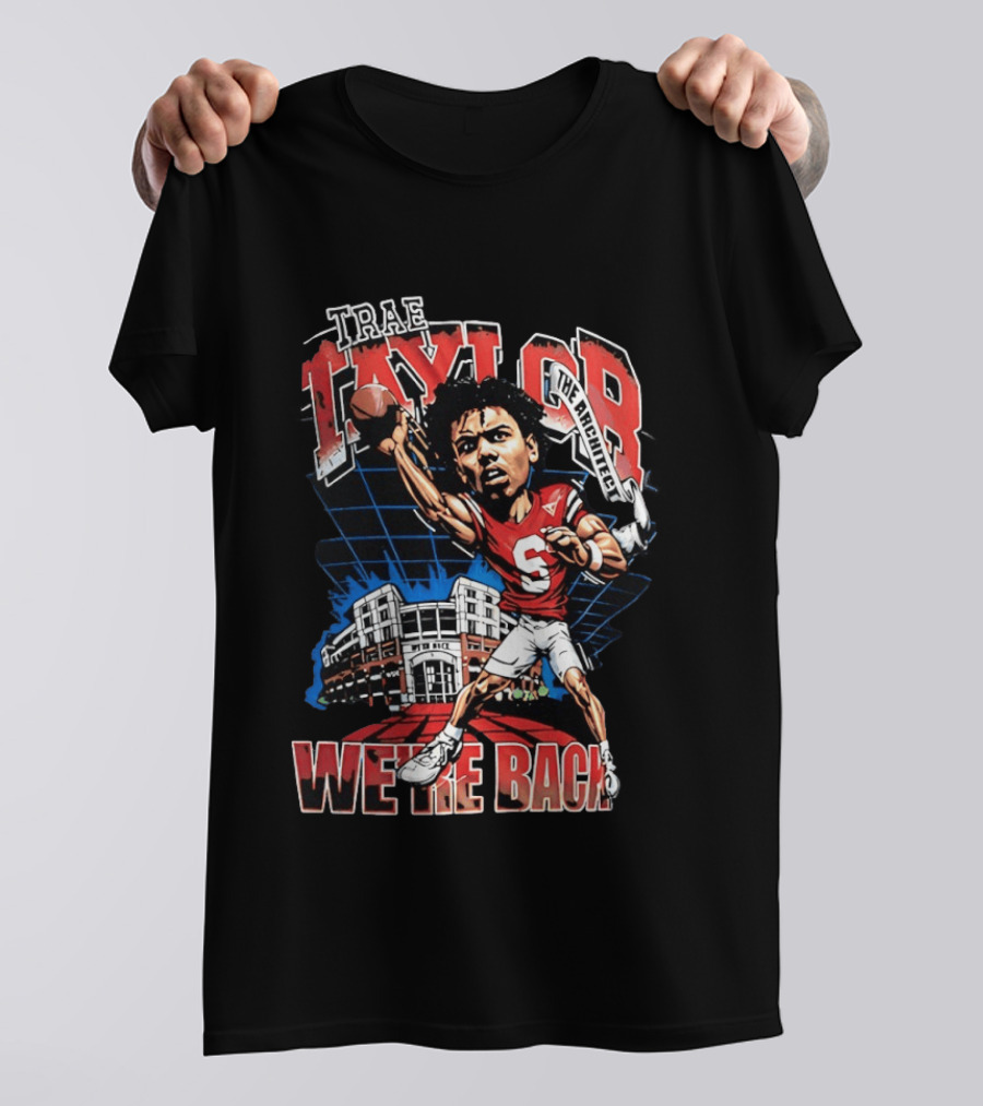 Trae Taylor Montana Grizzlies Football We're Back Red Quarterback Number 5 Stadium T-Shirt