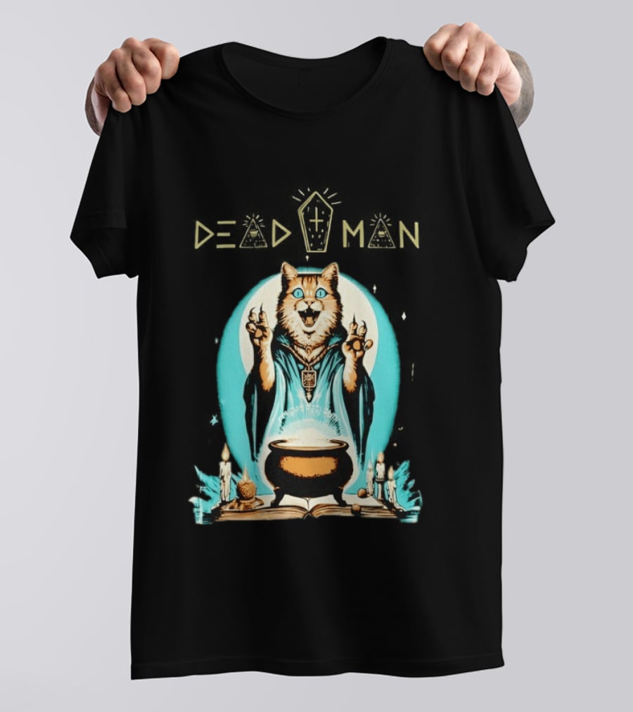 Wizard Cat Casting Spell With Cauldron And Candles Dead Man T-Shirt