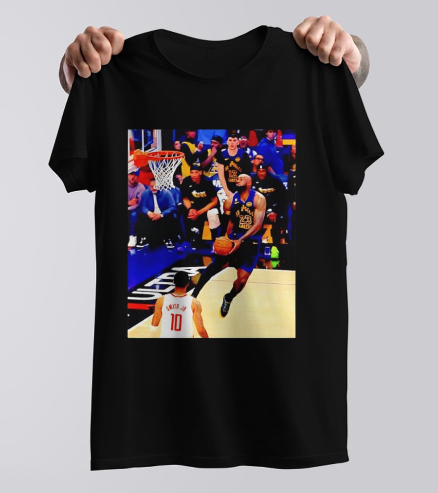 LeBron James Los Angeles Lakers Dunking Action Photo T-Shirt