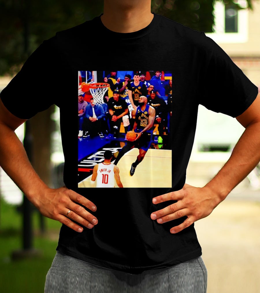 LeBron James Los Angeles Lakers Dunking Action Photo T-Shirt
