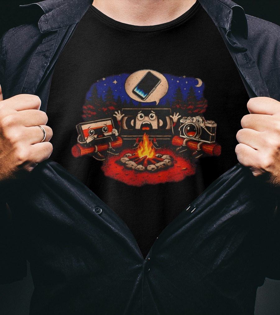 Analog Friends Tape Camera TV Scary Campfire Smartphone Story Night T-Shirt