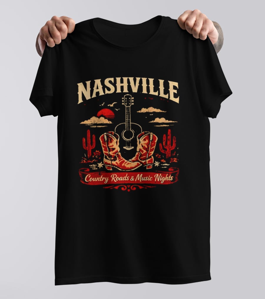 Nashville Country Roads Music Nights Boots Guitar Desert Cactus Moon Clouds T-Shirt