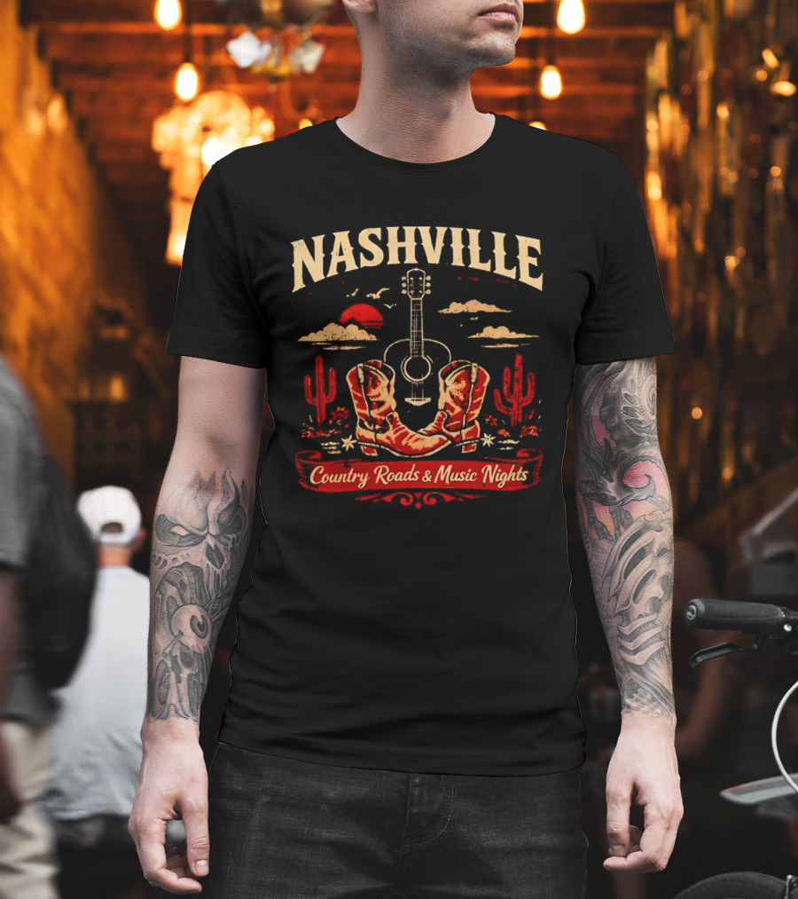 Nashville Country Roads Music Nights Boots Guitar Desert Cactus Moon Clouds T-Shirt