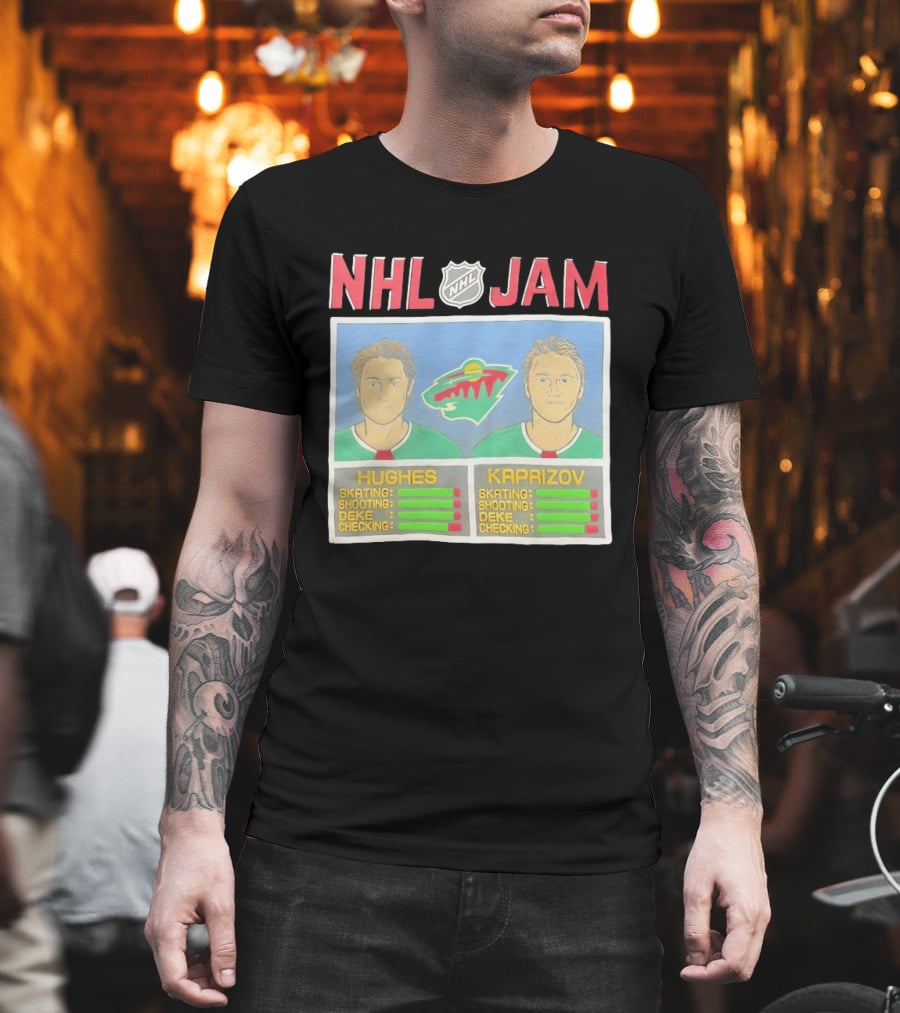NHL Jam Hughes Kaprizov Minnesota Wild Skating Shooting Deke Checking T-Shirt