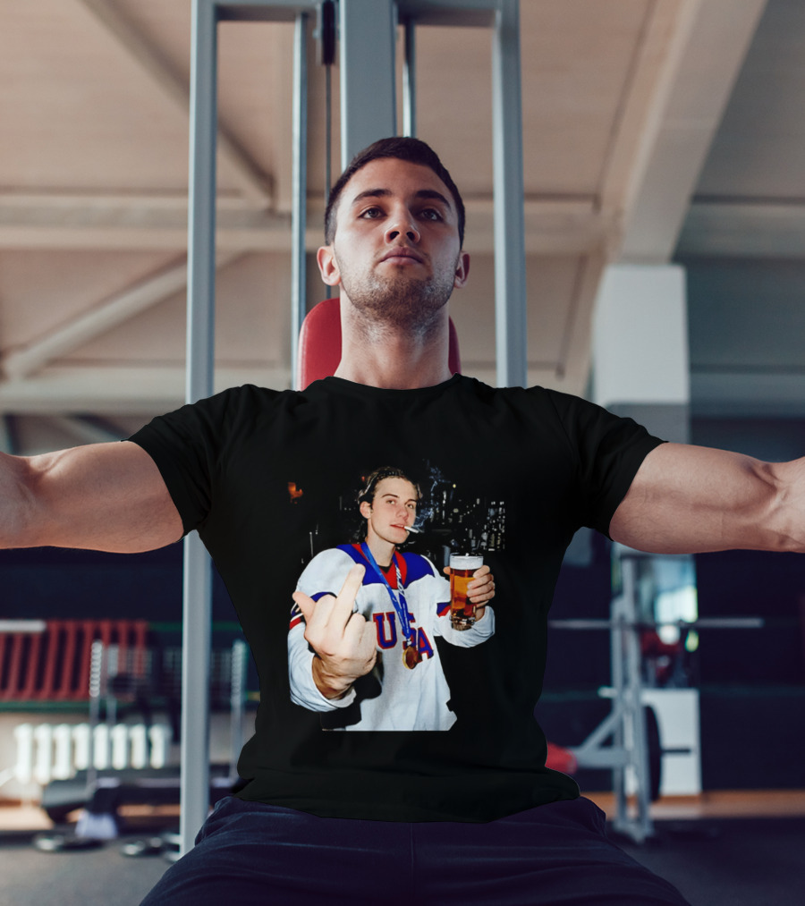 USA Hockey Player Victory Celebration Smoking Beer Middle Finger T-Shirt