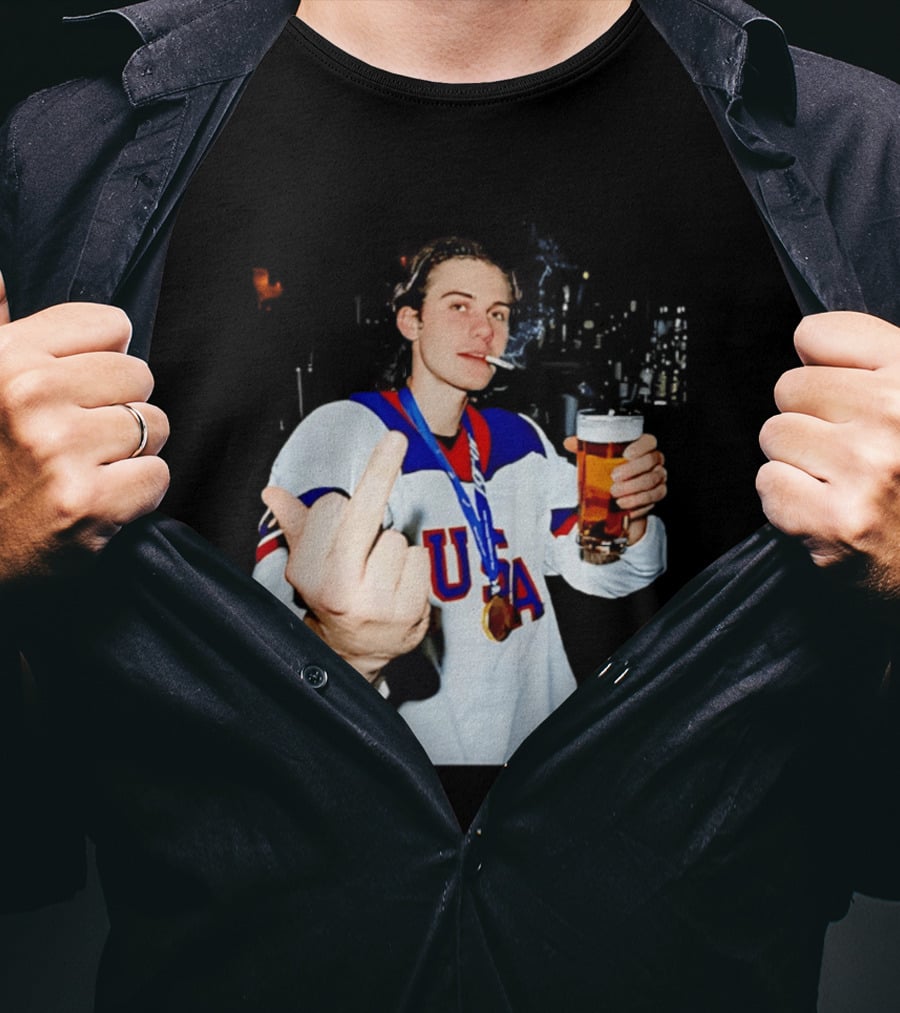 USA Hockey Player Victory Celebration Smoking Beer Middle Finger T-Shirt