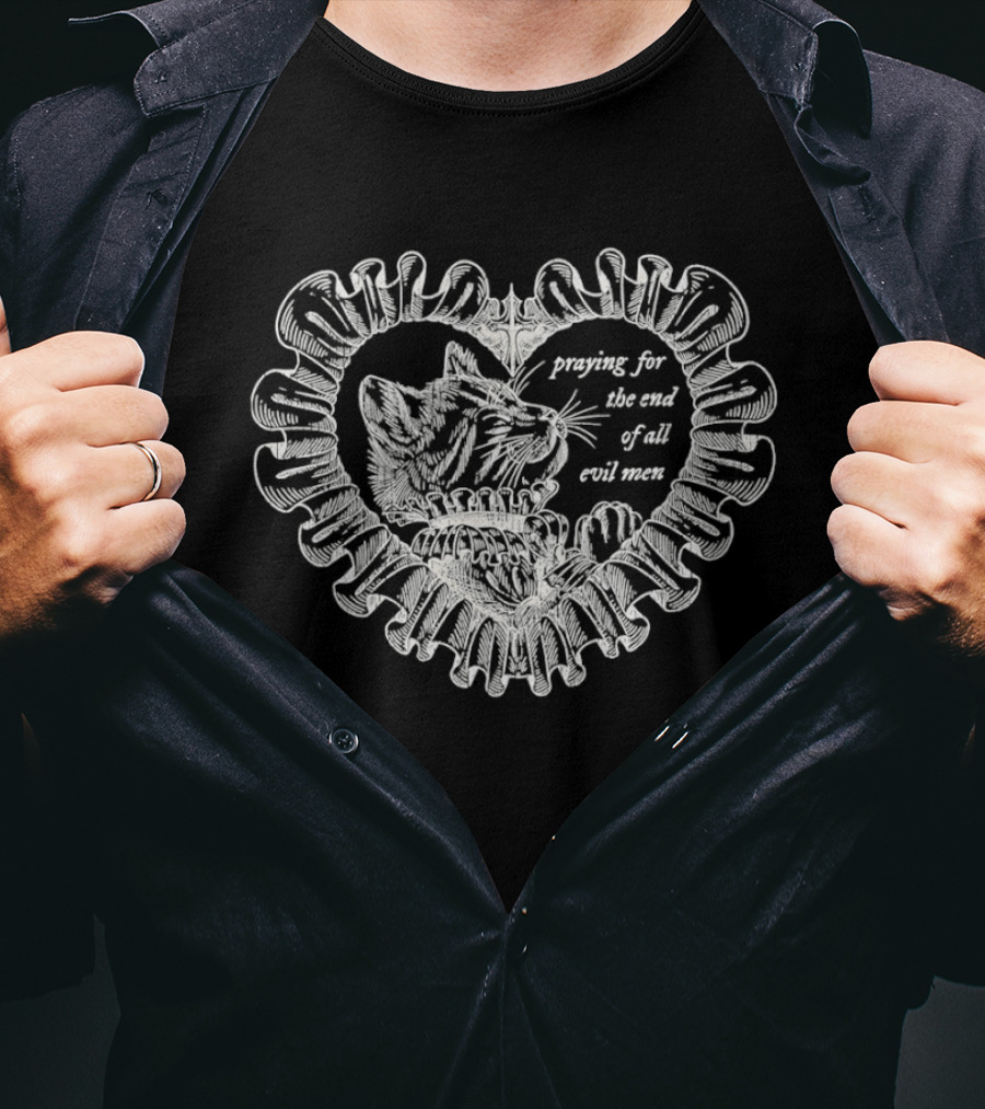Cat Praying For The End Of All Evil Men Heart Shape T-Shirt