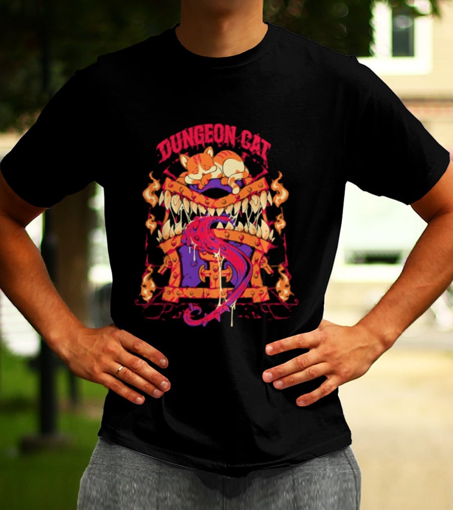 Dungeon Cat Sleeping On Monstrous Chest Surrounded By Flames And Tentacles T-Shirt