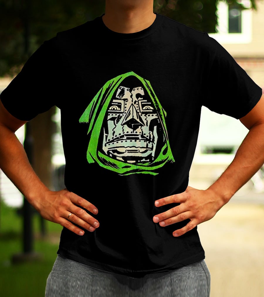 Victor Von Doom Dr Doom Comic Face Drawing Green Hood T-Shirt