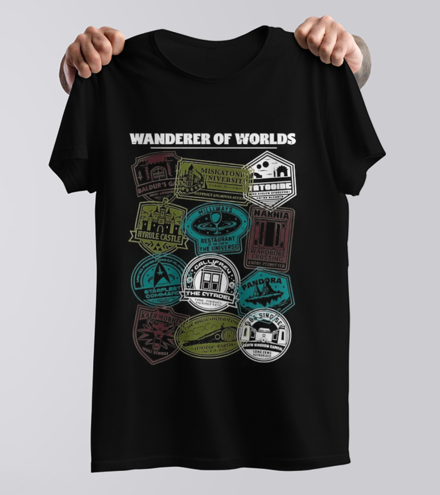 Wanderer Of Worlds Travelers Interdimensional Passport Stamps Portal Adventures T-Shirt