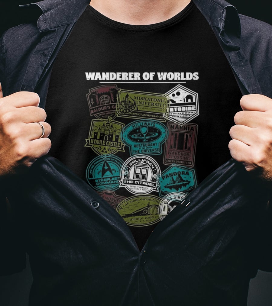 Wanderer Of Worlds Travelers Interdimensional Passport Stamps Portal Adventures T-Shirt