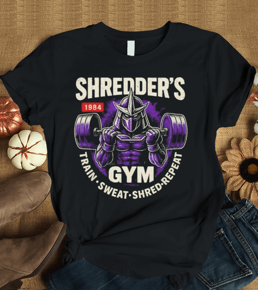 Shredder's 1984 Gym Train Sweat Shred Repeat Ninja Warrior Fitness T-Shirt