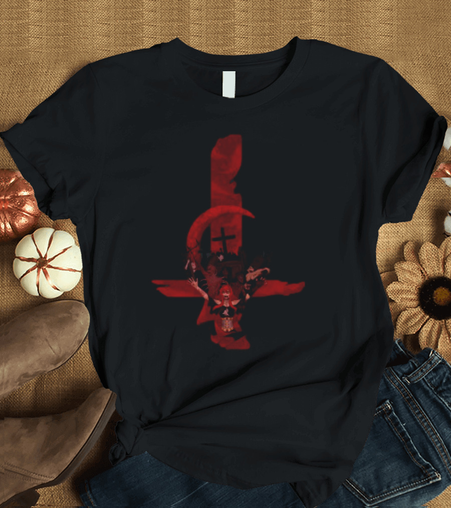 Inverted Cross Graveyard Gothic Anarchist Symbol With Red Crescent Moon T-Shirt