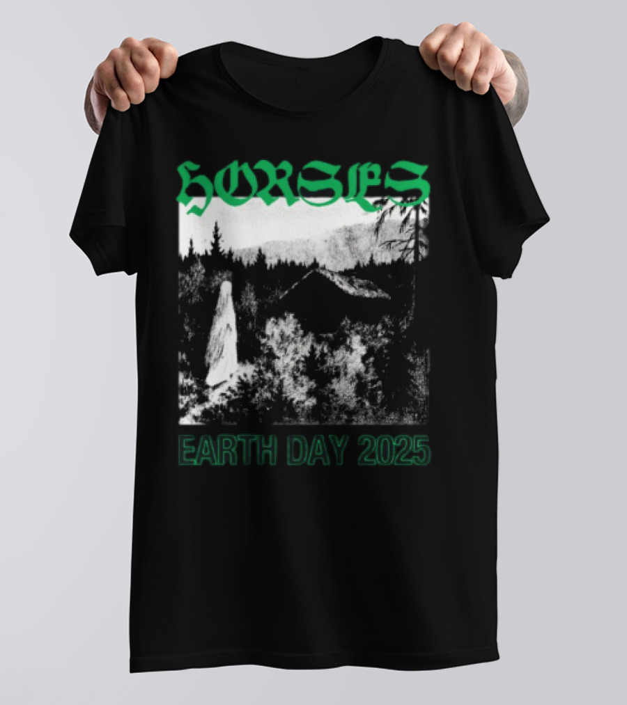 Horses Earth Day 2025 Ghostly Forest Cabin Scene T-Shirt