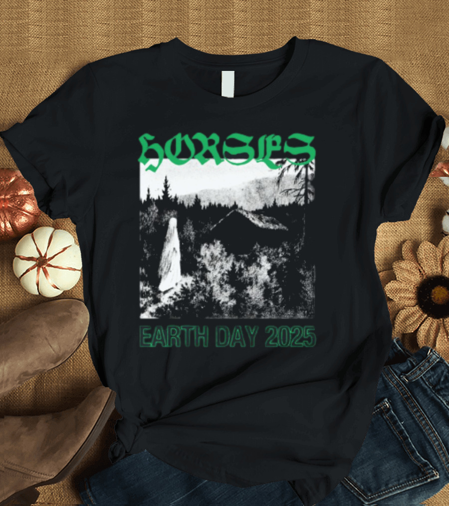 Horses Earth Day 2025 Ghostly Forest Cabin Scene T-Shirt