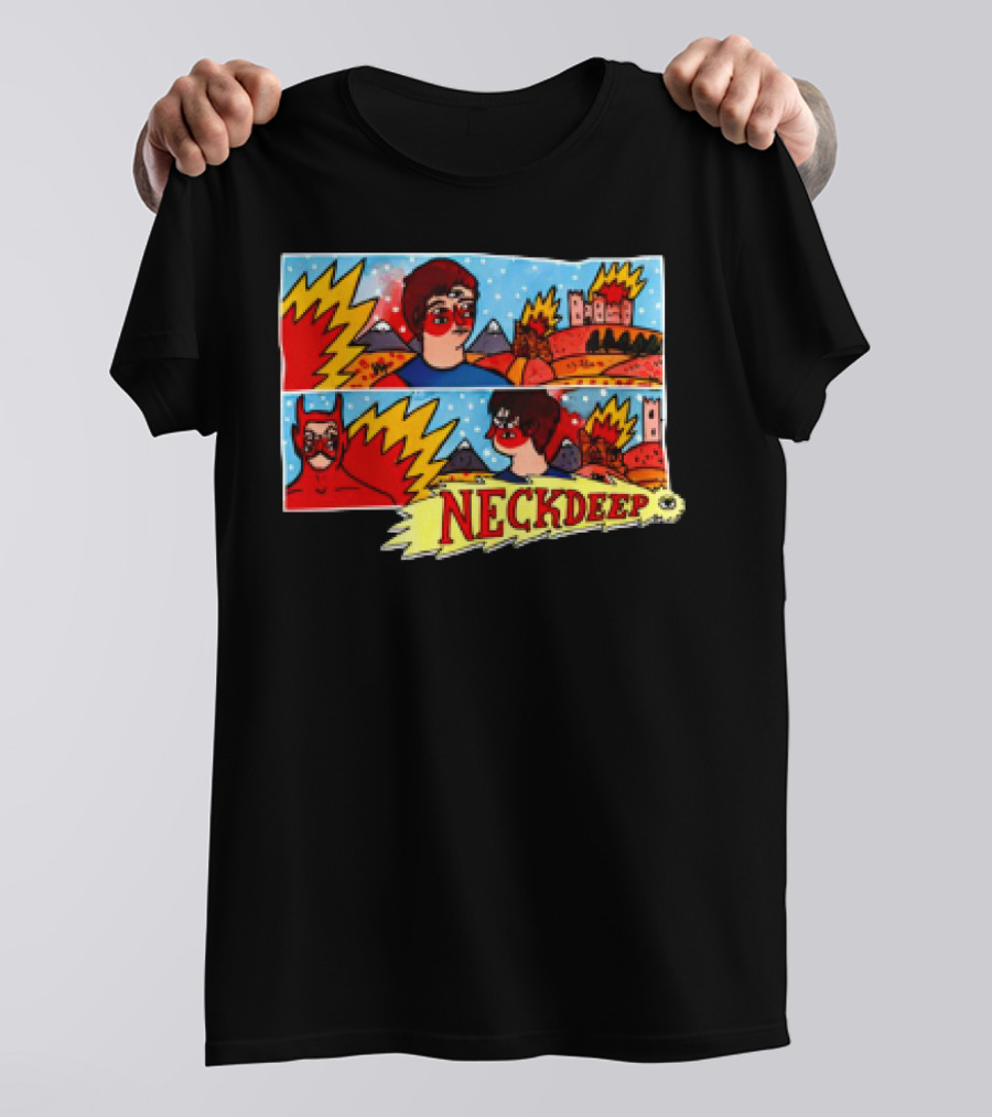 Neck Deep 10 Year Anniversary Comic Style Superhero Scene T-Shirt