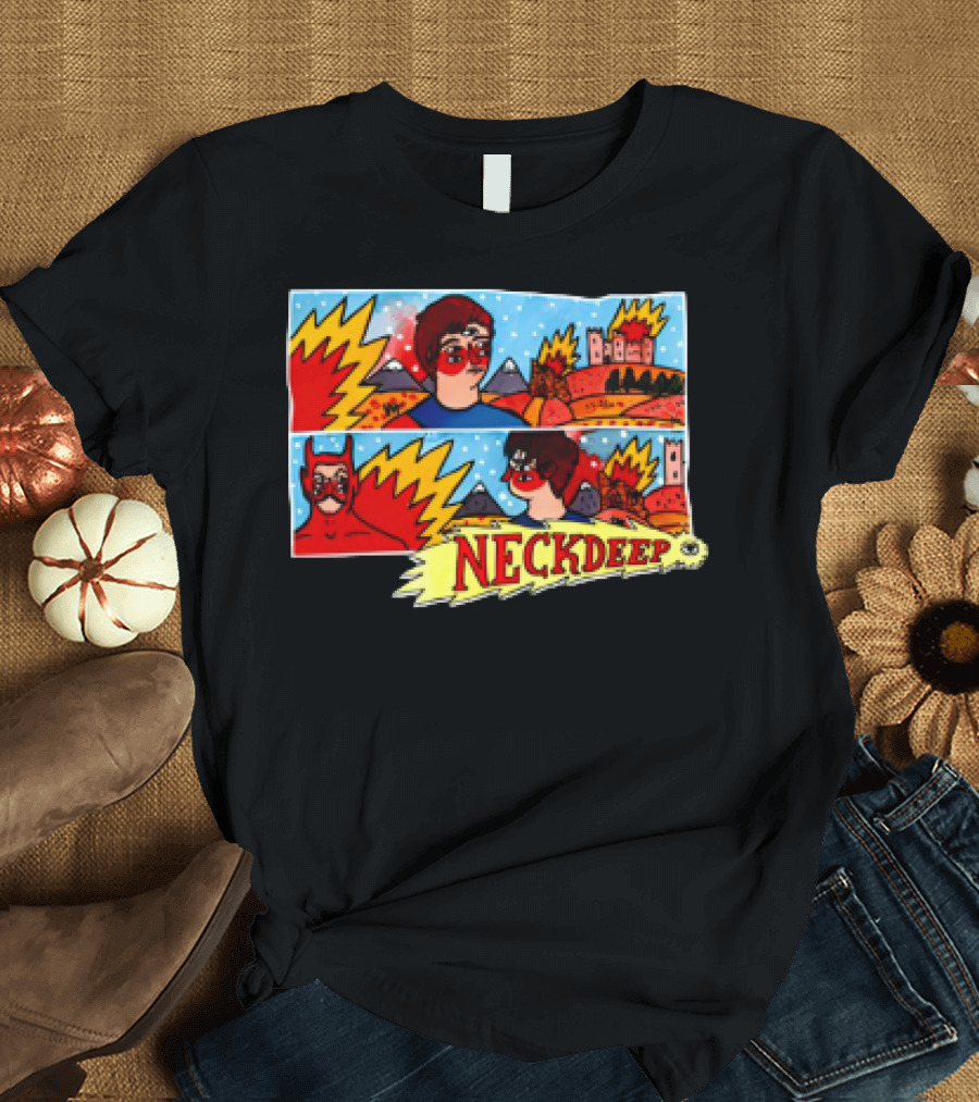 Neck Deep 10 Year Anniversary Comic Style Superhero Scene T-Shirt