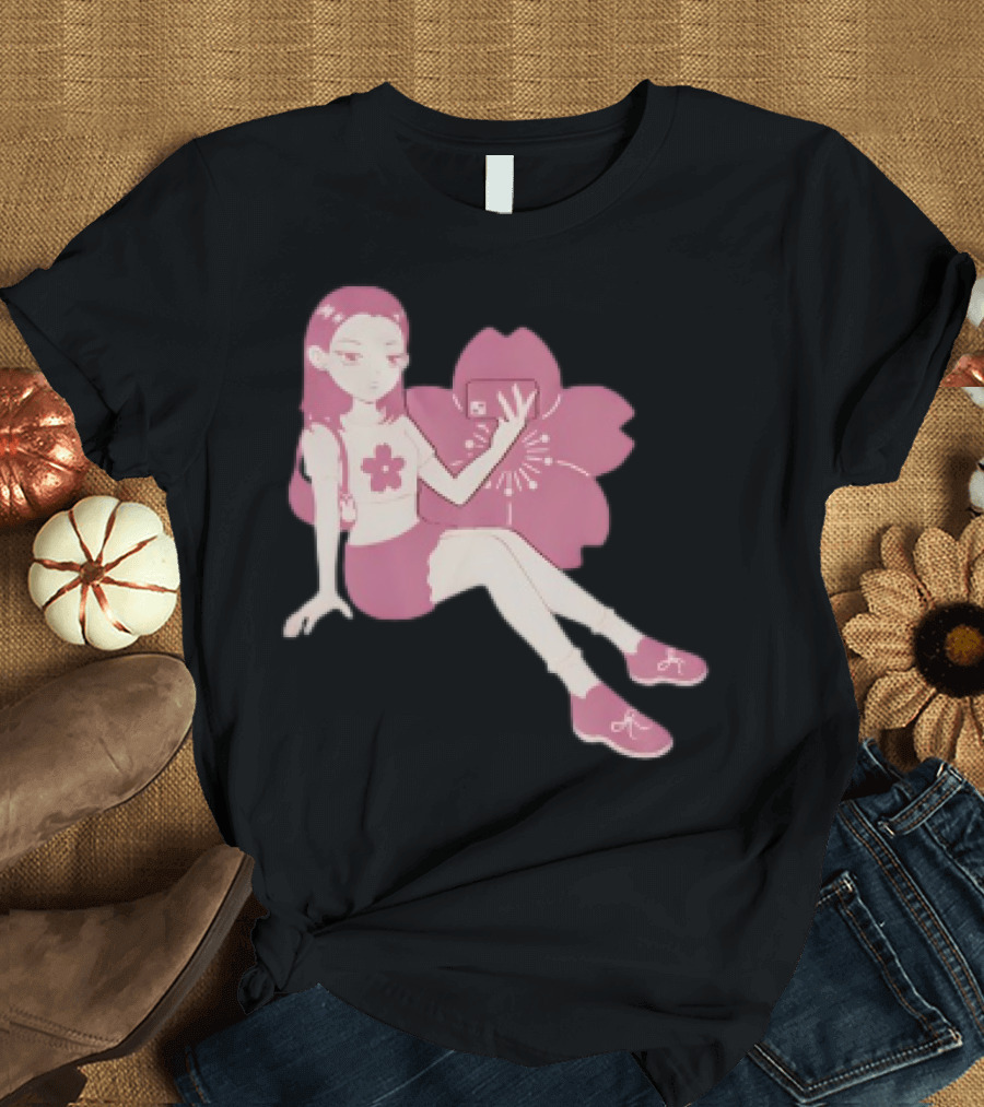 Mandys Brown Anime Style Girl Sakura Blossom Pattern T-Shirt