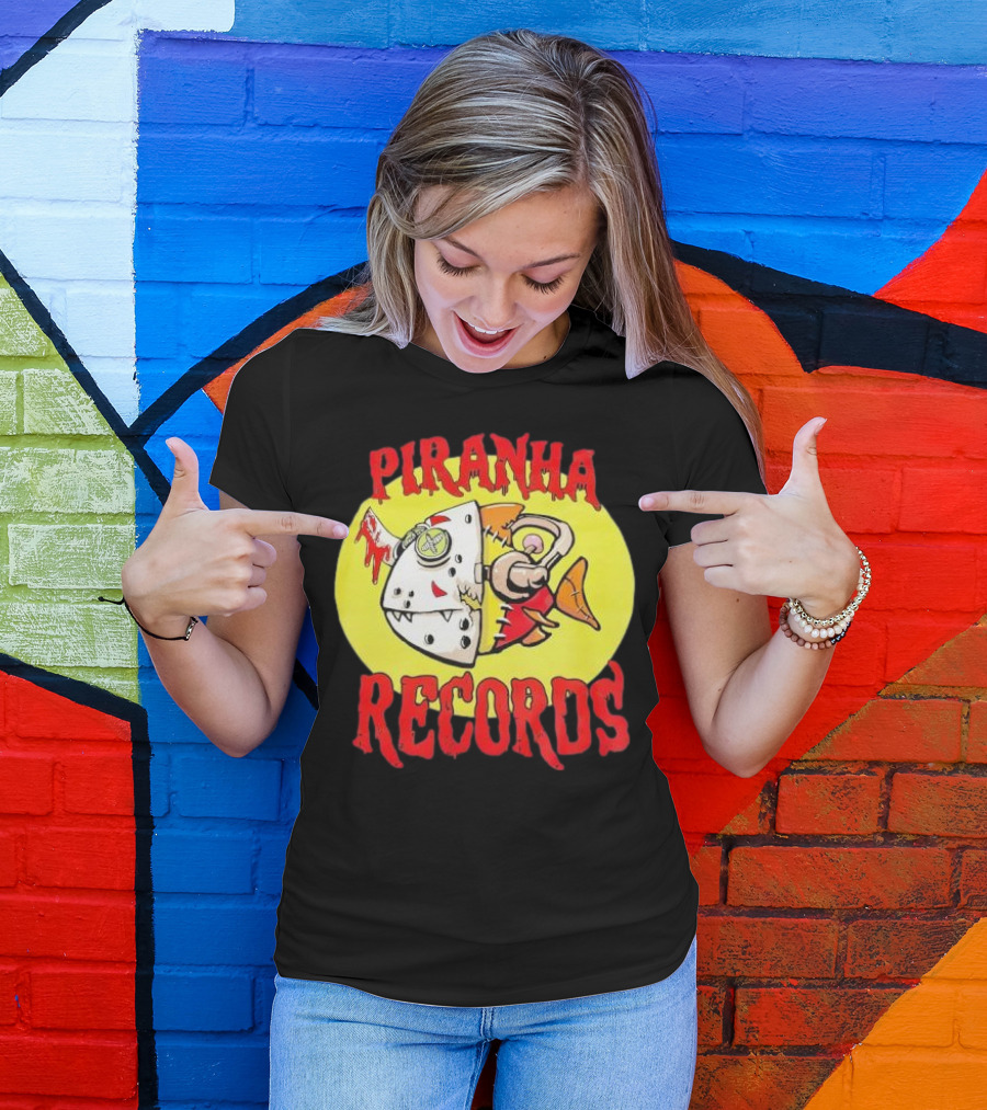 Piranha Records Cartoon Fish Bite Graphic T-Shirt