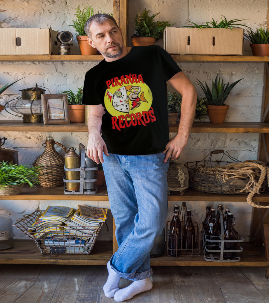 Piranha Records Cartoon Fish Bite Graphic T-Shirt