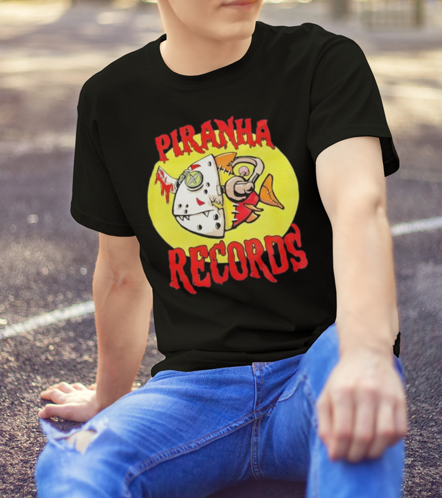 Piranha Records Cartoon Fish Bite Graphic T-Shirt