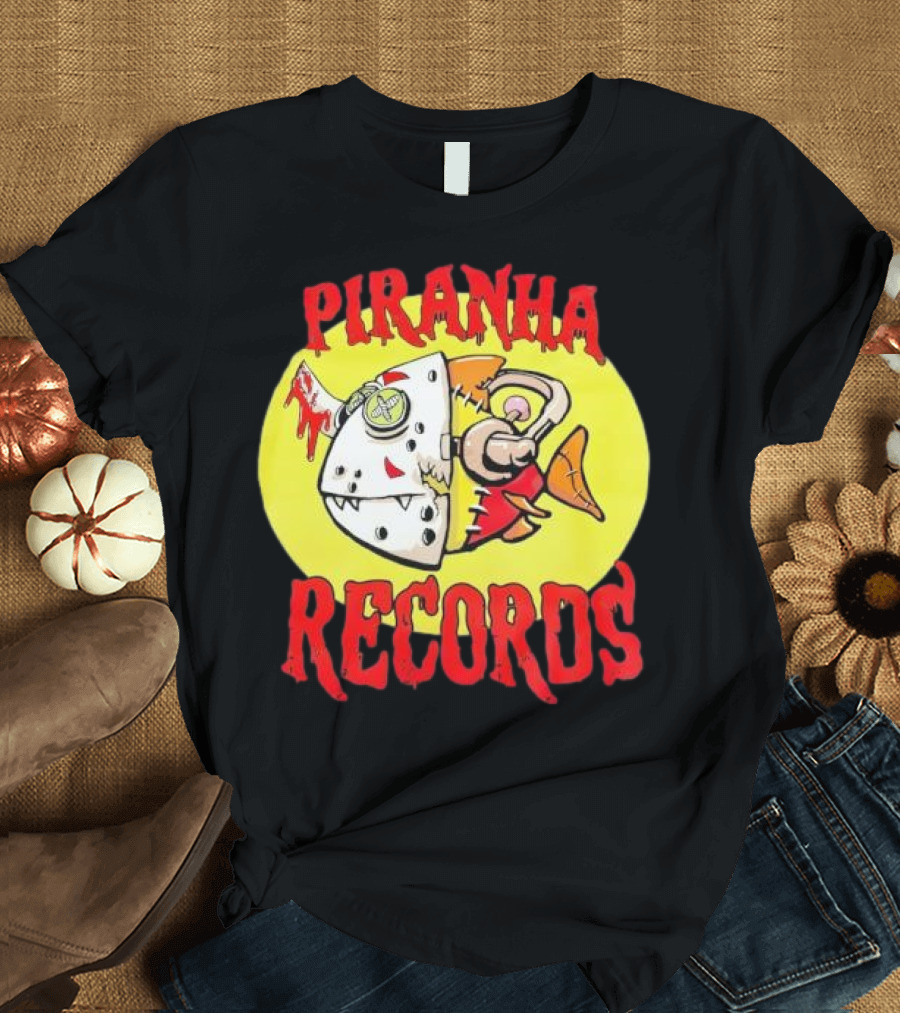 Piranha Records Cartoon Fish Bite Graphic T-Shirt
