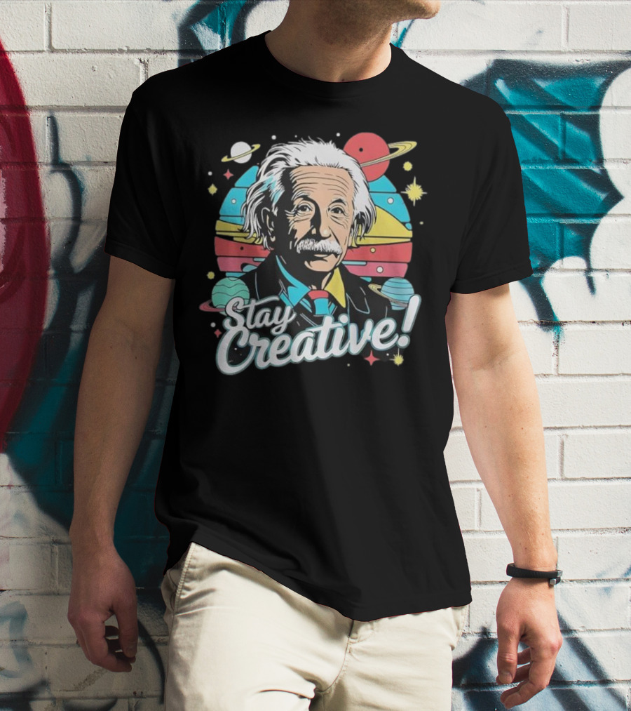 Albert Einstein Stay Creative Vintage Planets Space Theme T-Shirt