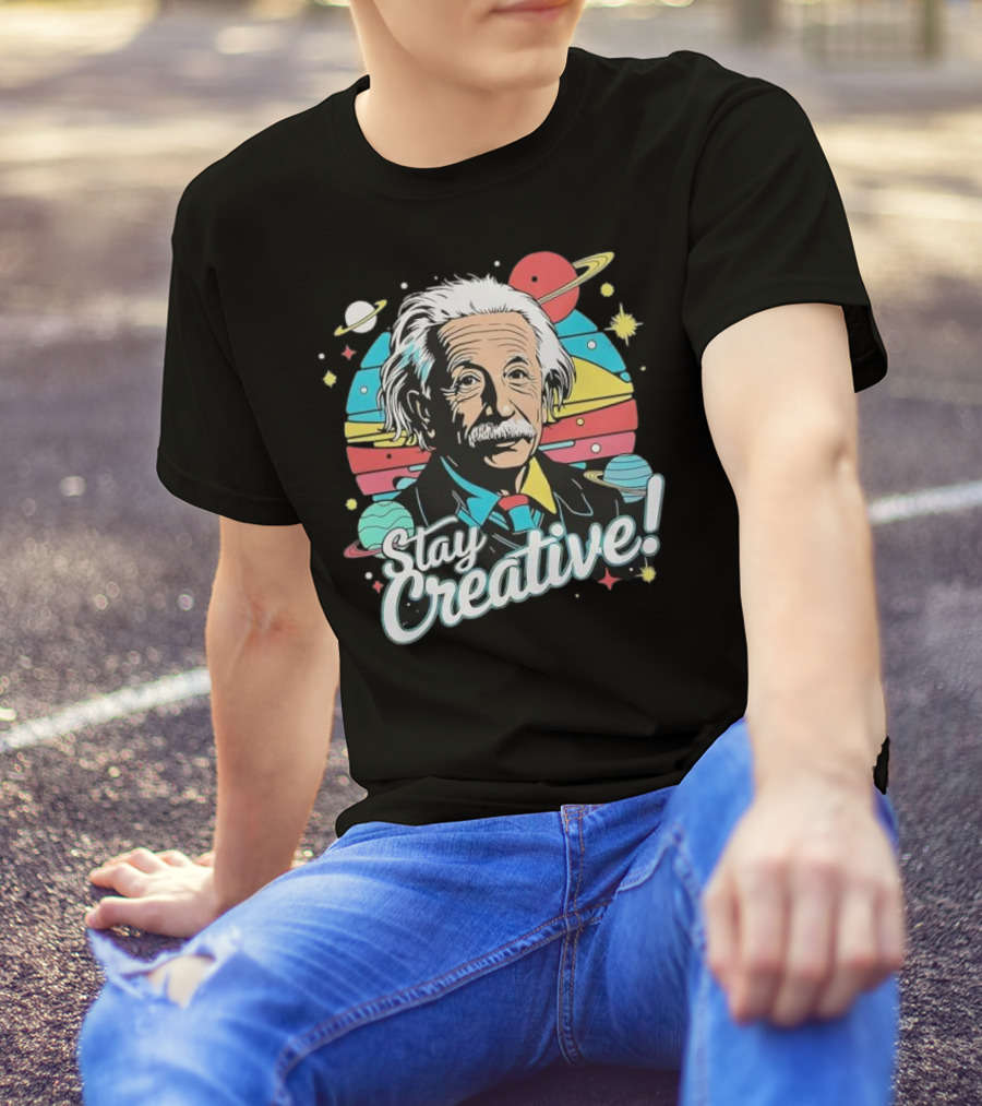 Albert Einstein Stay Creative Vintage Planets Space Theme T-Shirt