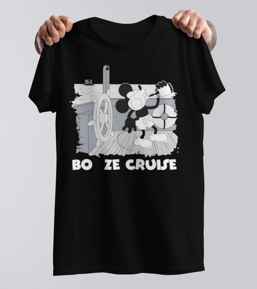 Booze Cruise Cartoon Character With On Vintage Sailing Scene T-Shirt