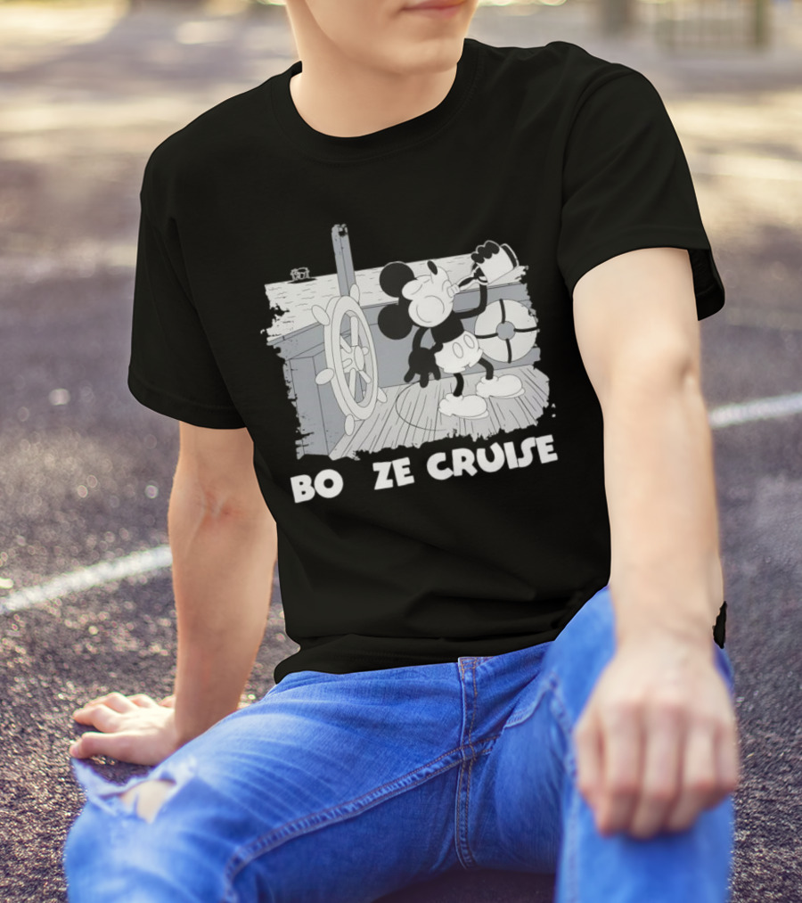 Booze Cruise Cartoon Character With On Vintage Sailing Scene T-Shirt