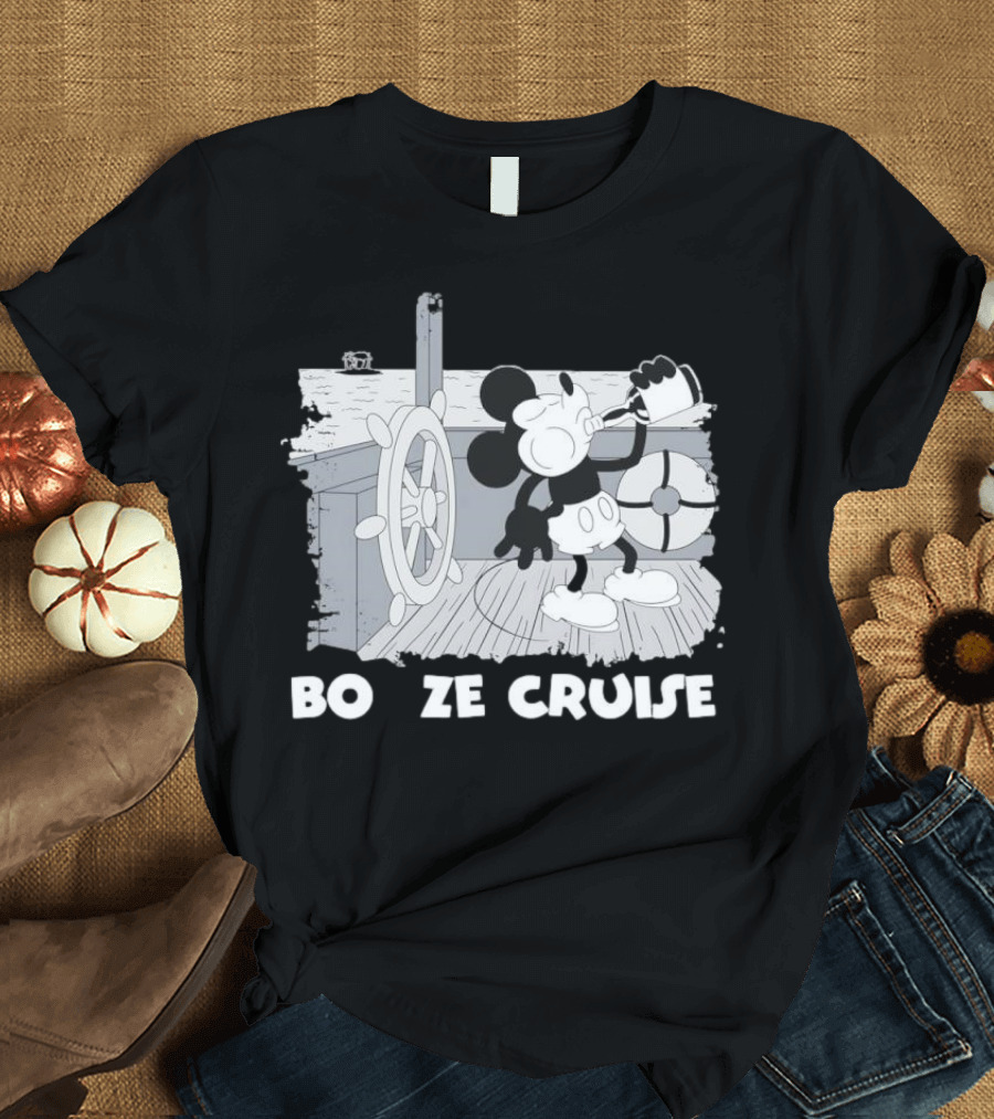 Booze Cruise Cartoon Character With On Vintage Sailing Scene T-Shirt