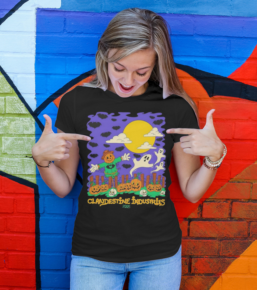 Clandestine Industries 2005 Halloween Scarecrow Ghosts Pumpkins Bats T-Shirt