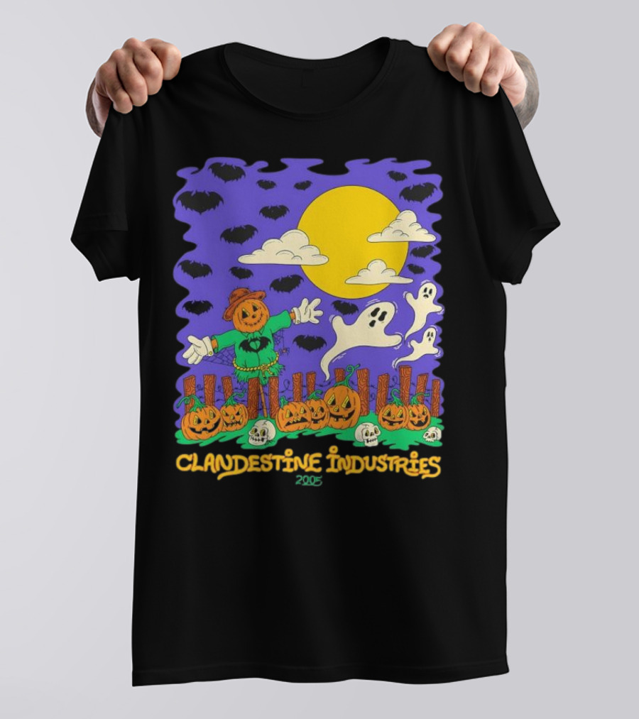 Clandestine Industries 2005 Halloween Scarecrow Ghosts Pumpkins Bats T-Shirt