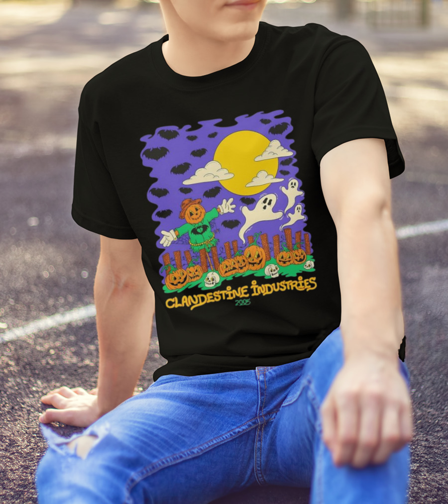 Clandestine Industries 2005 Halloween Scarecrow Ghosts Pumpkins Bats T-Shirt