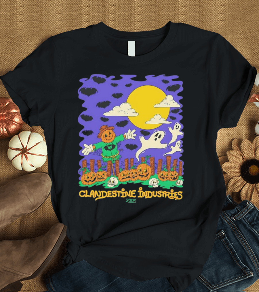 Clandestine Industries 2005 Halloween Scarecrow Ghosts Pumpkins Bats T-Shirt