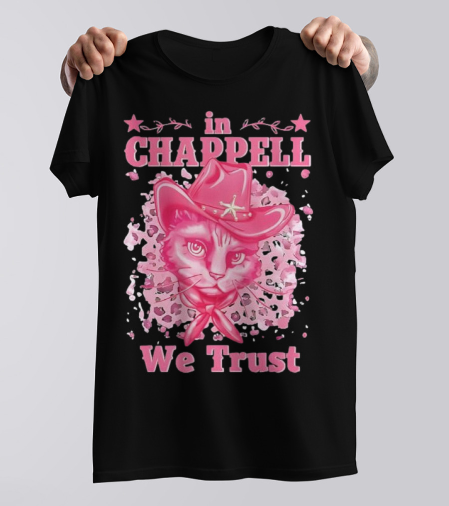 Cute Retro Cat In Chappell We Trust Cowboy Hat Pink Stars T-Shirt