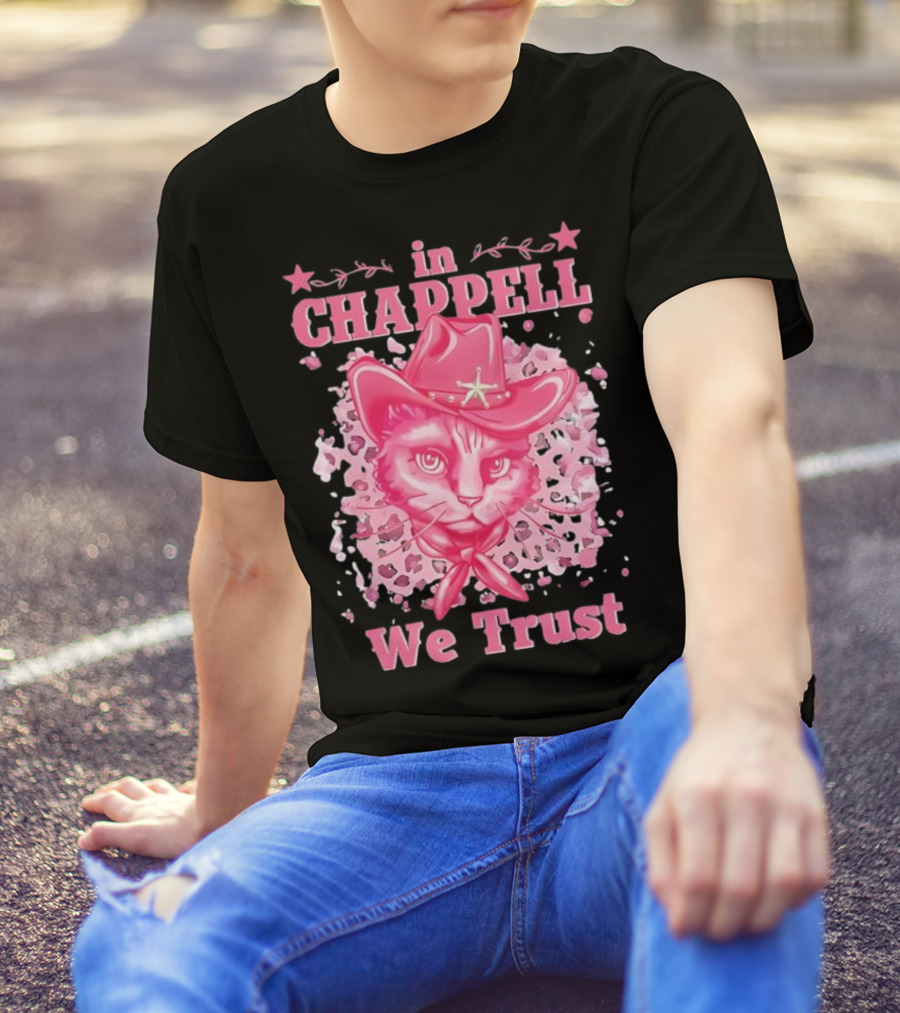 Cute Retro Cat In Chappell We Trust Cowboy Hat Pink Stars T-Shirt