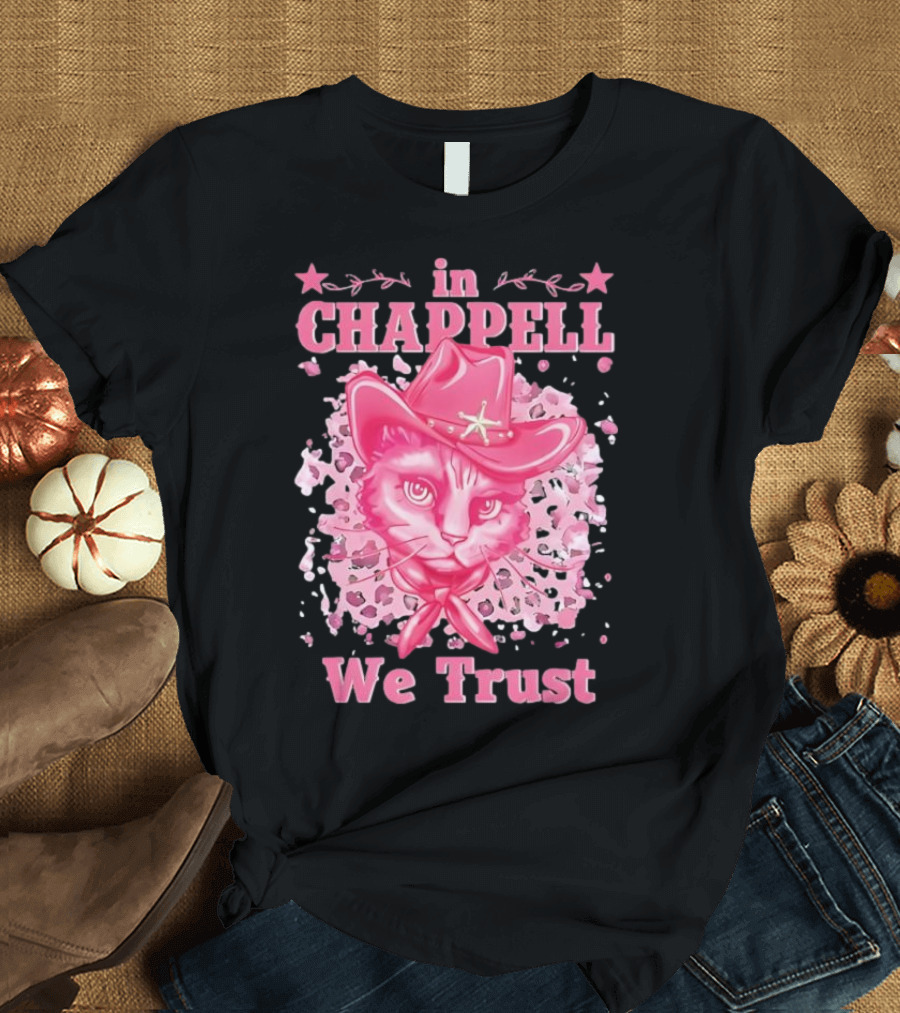 Cute Retro Cat In Chappell We Trust Cowboy Hat Pink Stars T-Shirt