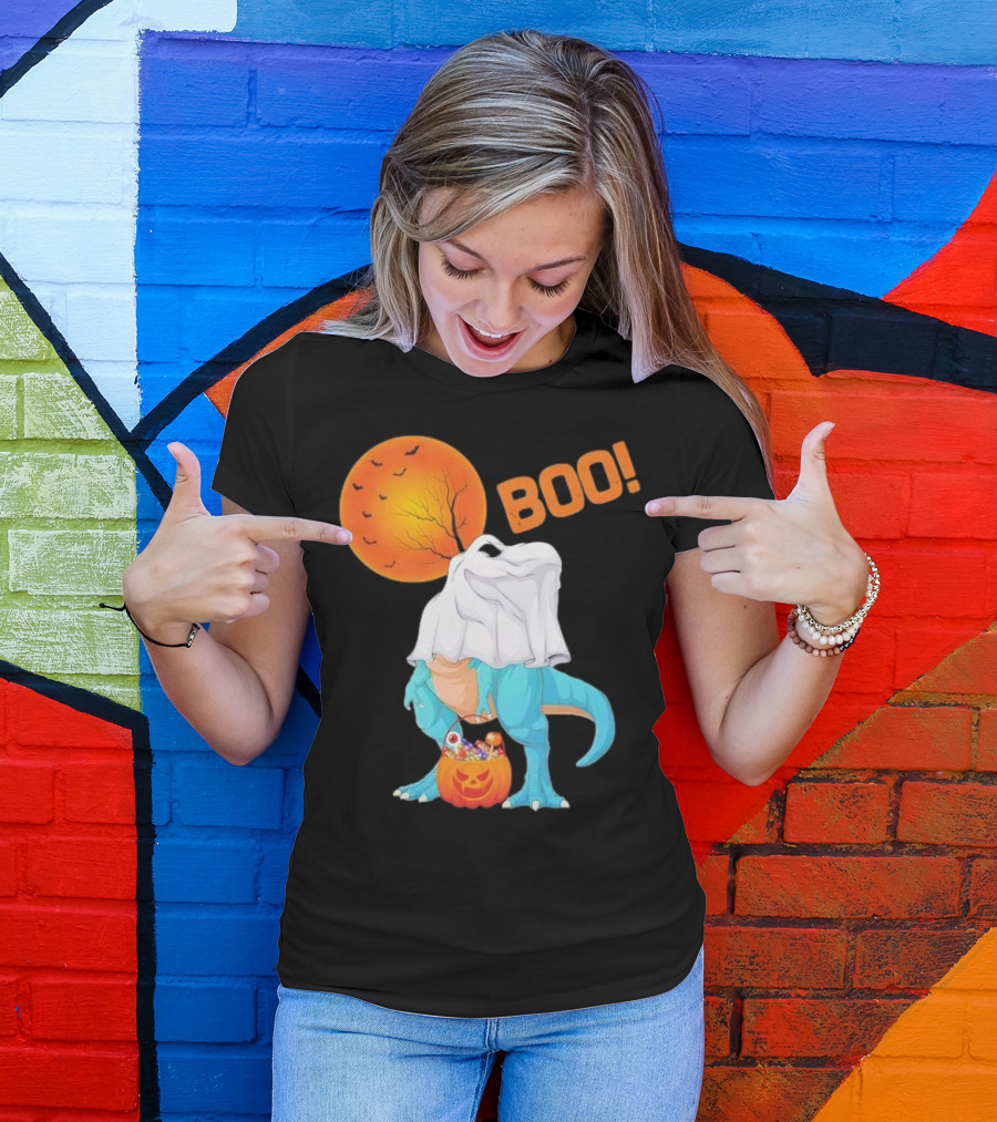 Ghost Dinosaur Rex Boo Halloween Pumpkin Boys Men T-Shirt