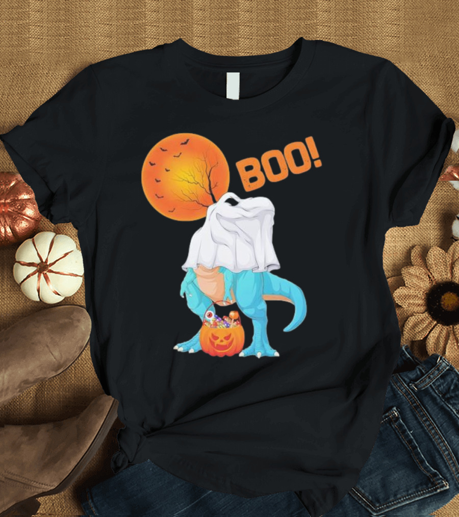 Ghost Dinosaur Rex Boo Halloween Pumpkin Boys Men T-Shirt