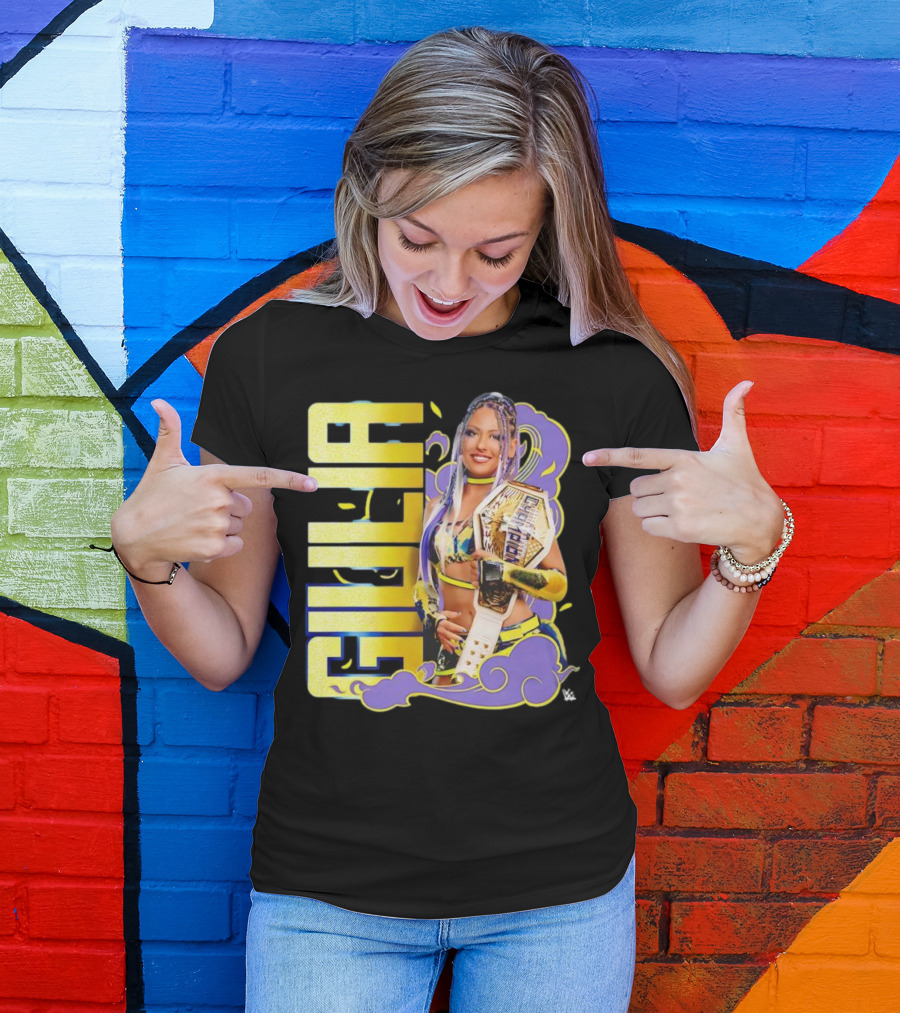 Giulia Smoke Champion Wrestling Character With Belt And Yellow Purple Accents T-Shirt