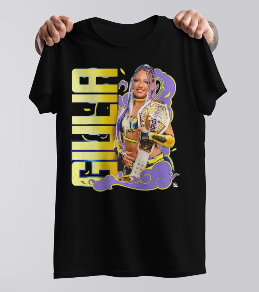 Giulia Smoke Champion Wrestling Character With Belt And Yellow Purple Accents T-Shirt