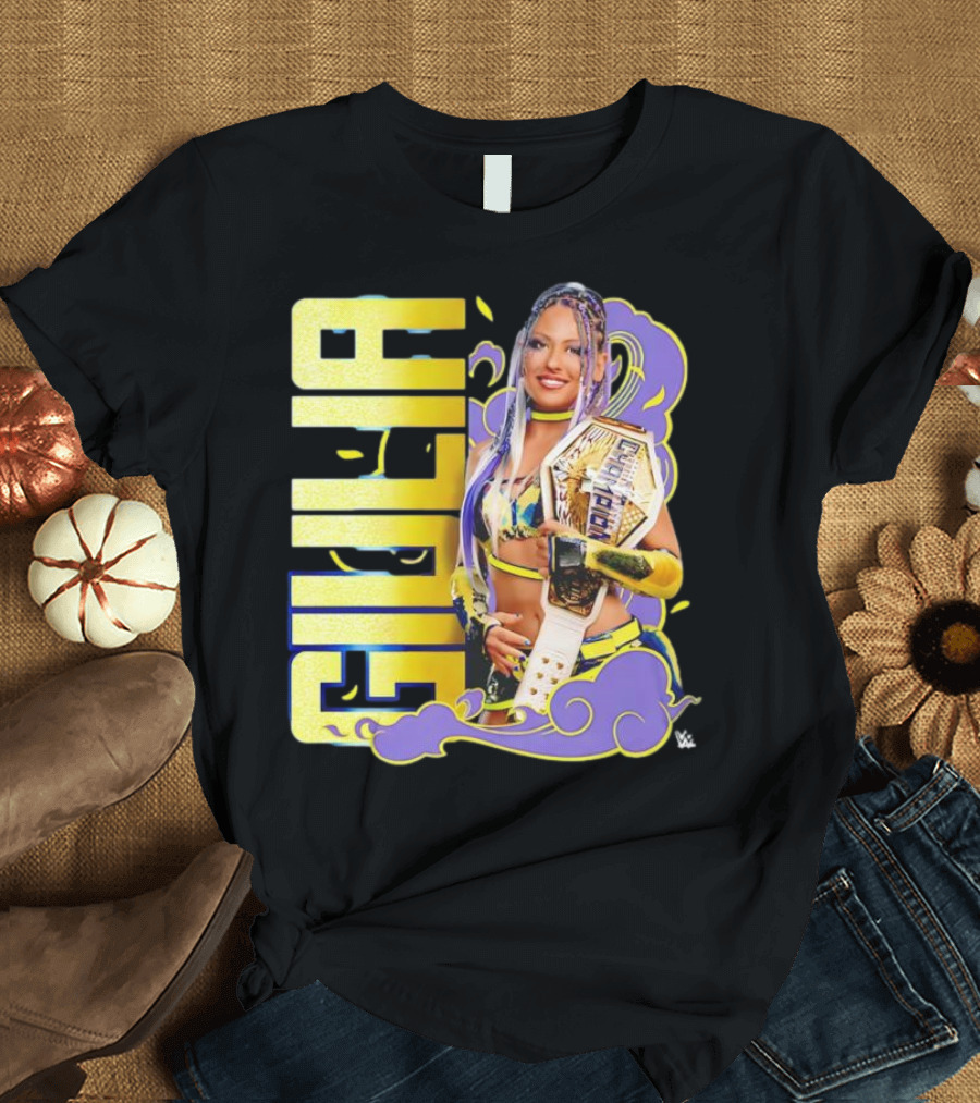 Giulia Smoke Champion Wrestling Character With Belt And Yellow Purple Accents T-Shirt