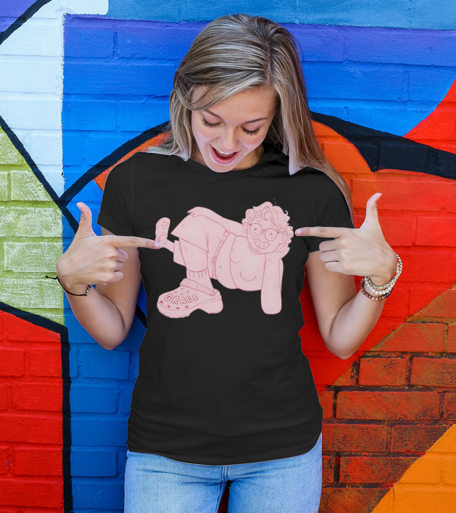 Grace Reiter Crocs Cartoon Character With Pink Outfit And Glasses T-Shirt