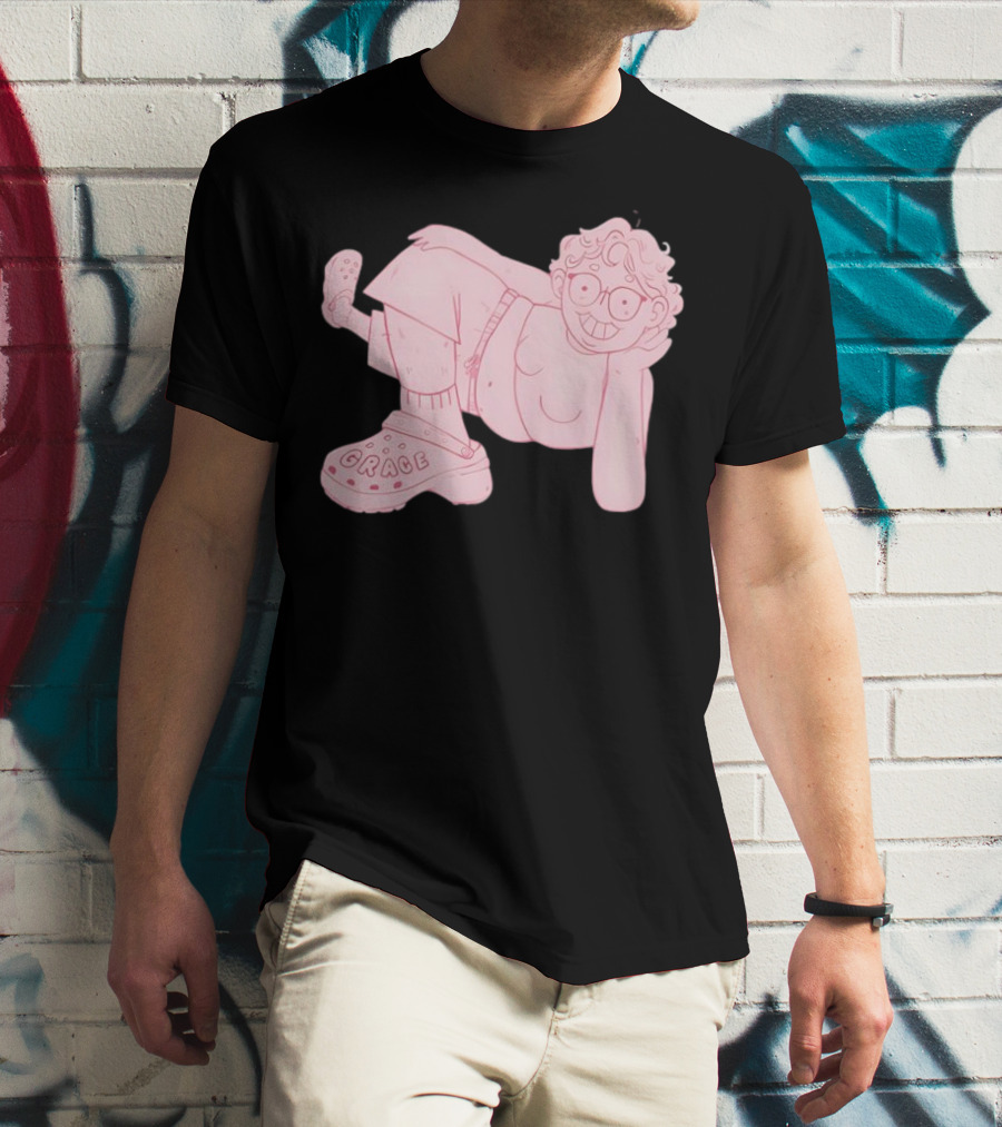 Grace Reiter Crocs Cartoon Character With Pink Outfit And Glasses T-Shirt