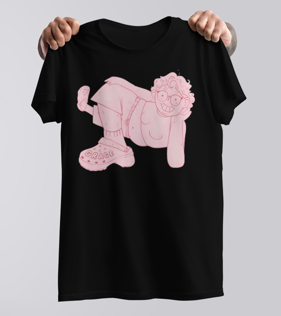 Grace Reiter Crocs Cartoon Character With Pink Outfit And Glasses T-Shirt