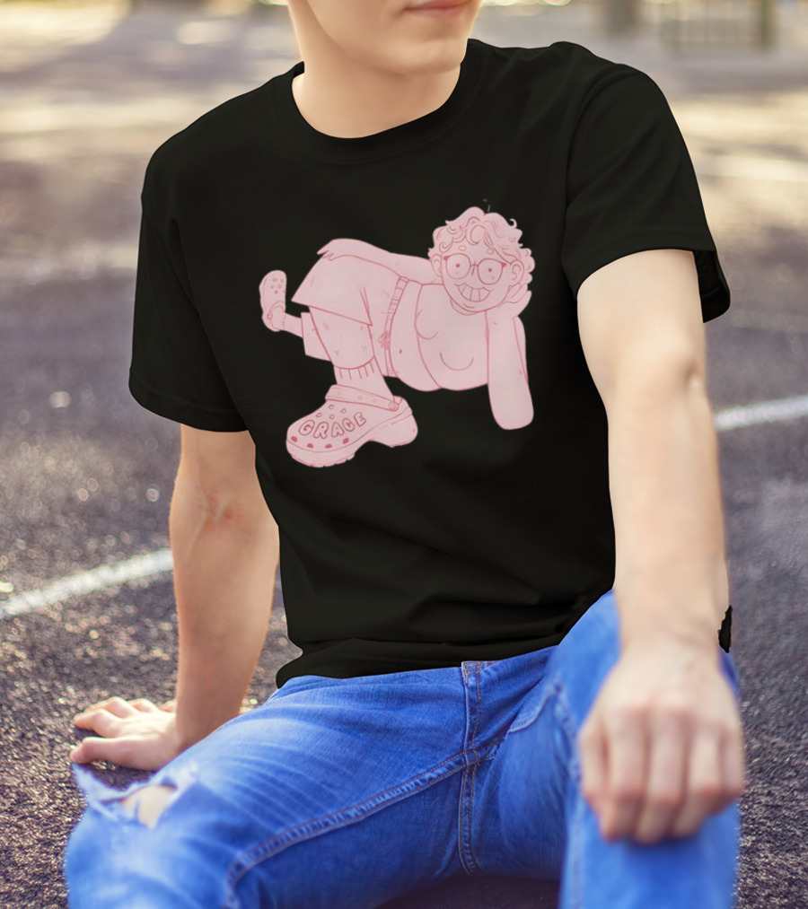 Grace Reiter Crocs Cartoon Character With Pink Outfit And Glasses T-Shirt