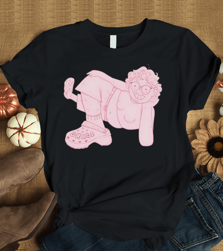 Grace Reiter Crocs Cartoon Character With Pink Outfit And Glasses T-Shirt